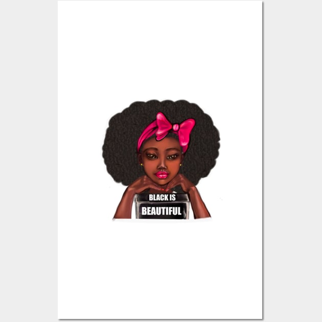 Black is beautiful girl with Afro hair and pink bow, brown eyes, thick lips and dark brown skin Wall Art by Artonmytee